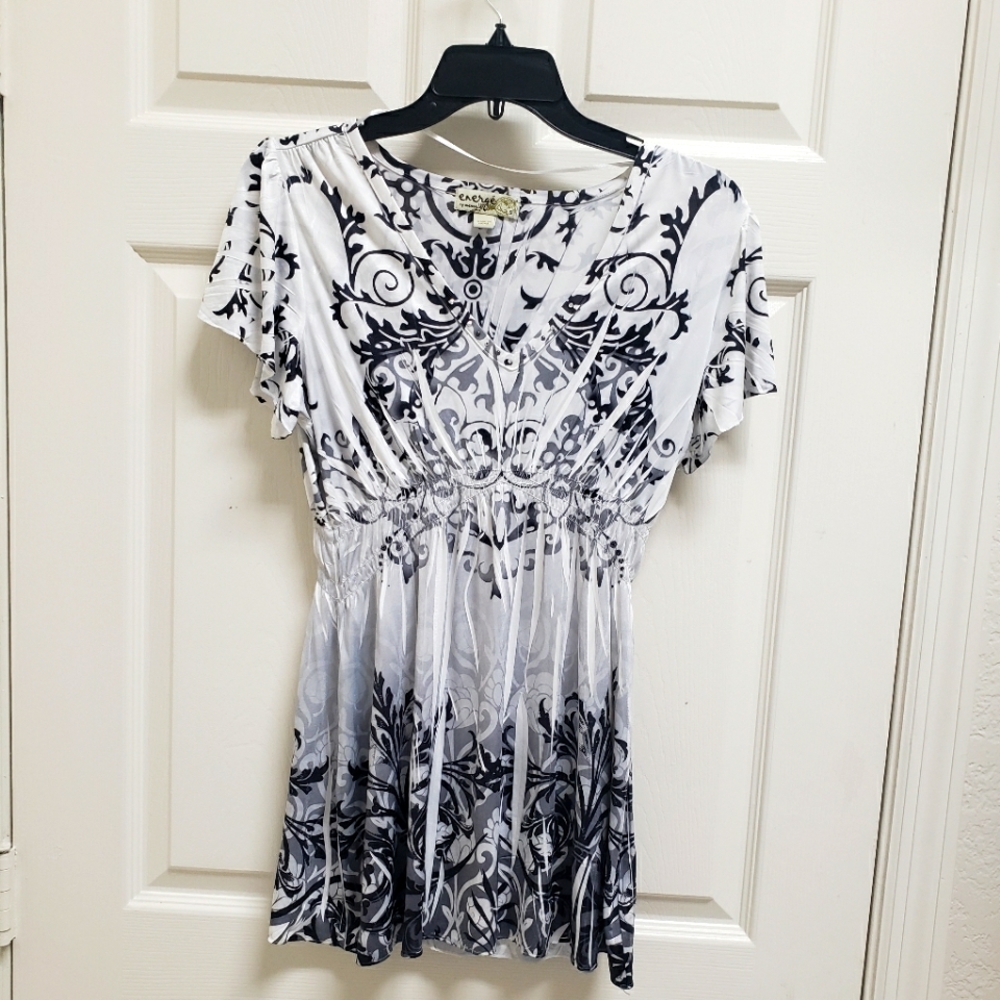 Embellished V-Neck Short Flutter Sleeve Top with Elastic Waist